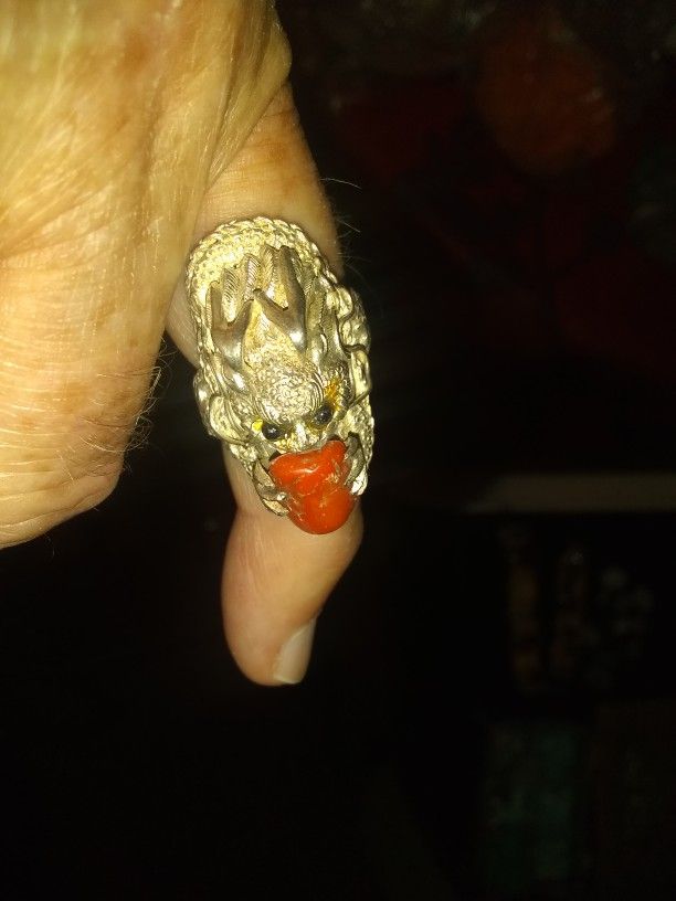 Ring Silver Dragon w Coral From Nepal