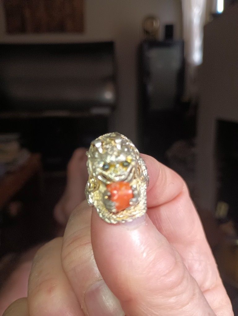 Ring Silver Dragon w Coral From Nepal
