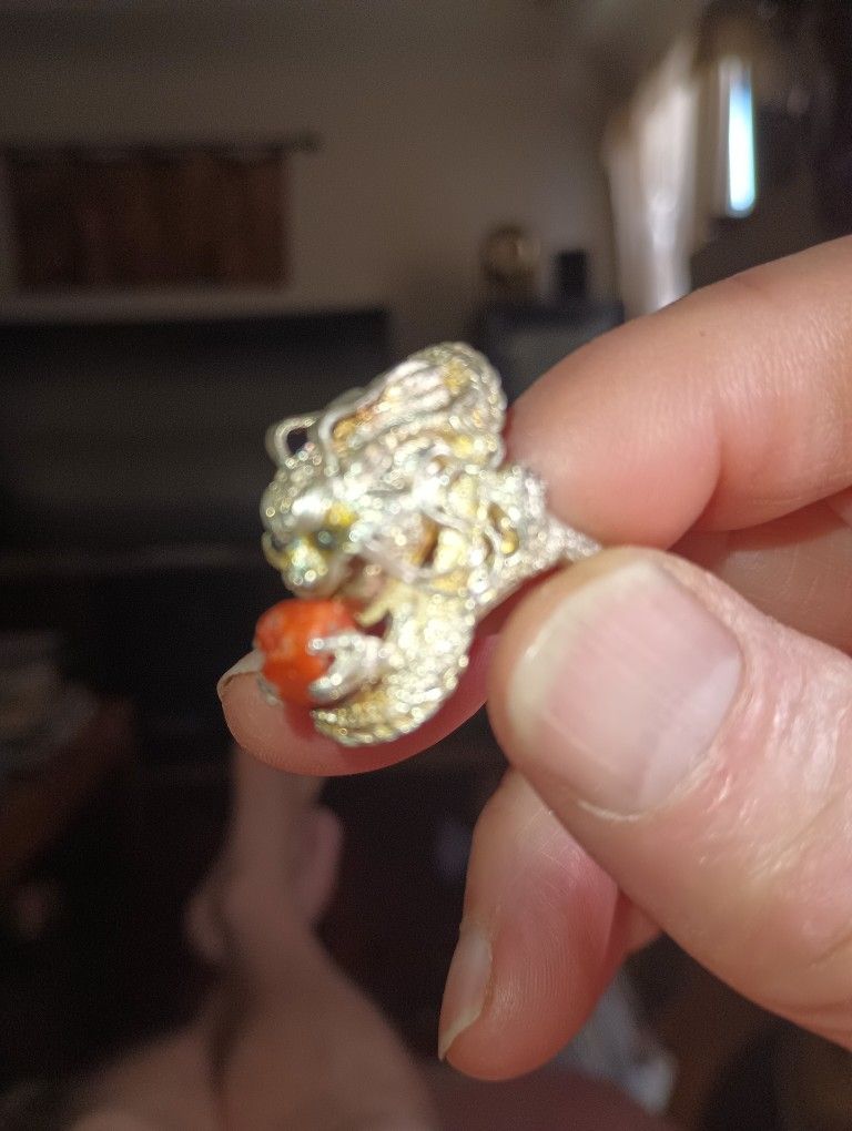 Ring Silver Dragon w Coral From Nepal