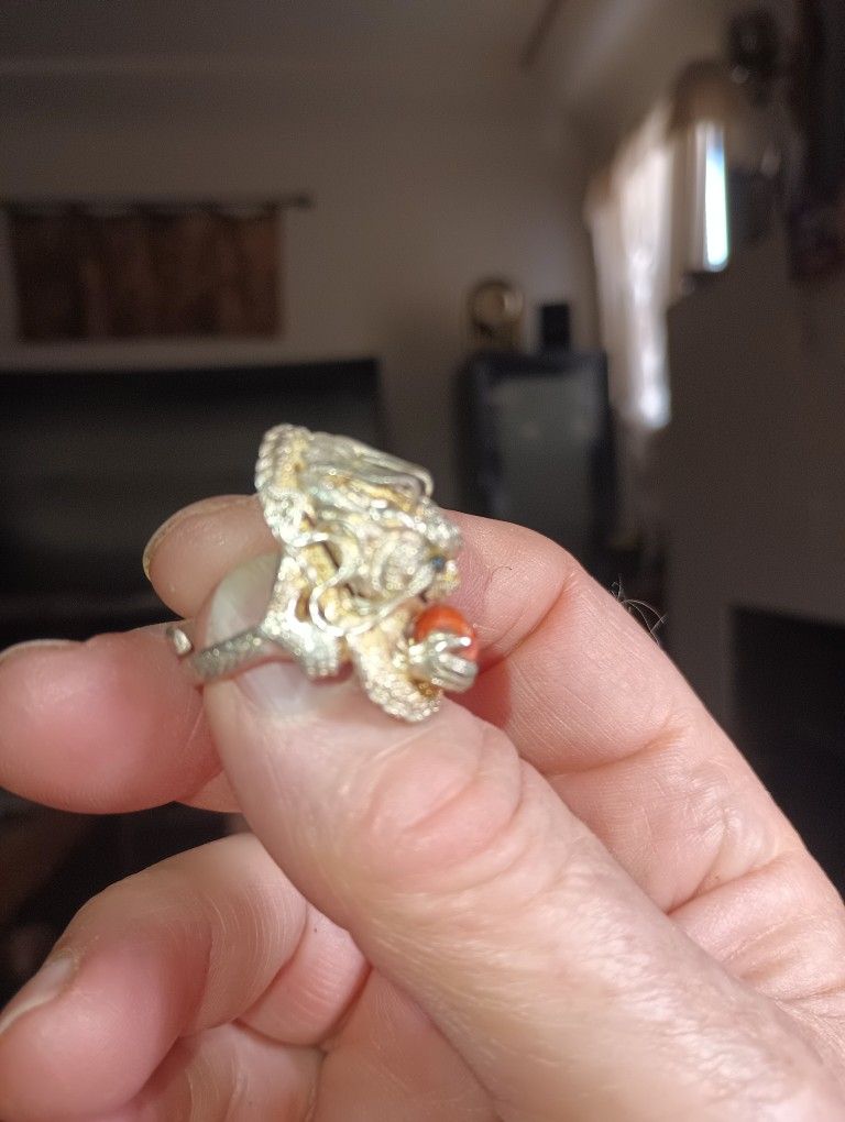 Ring Silver Dragon w Coral From Nepal