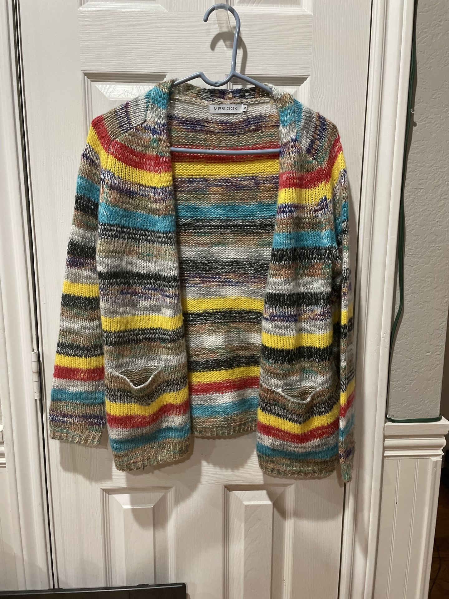 MISSLOOK Knit Open Cardigan Sweater Medium Bright Multicolor Striped Hippie