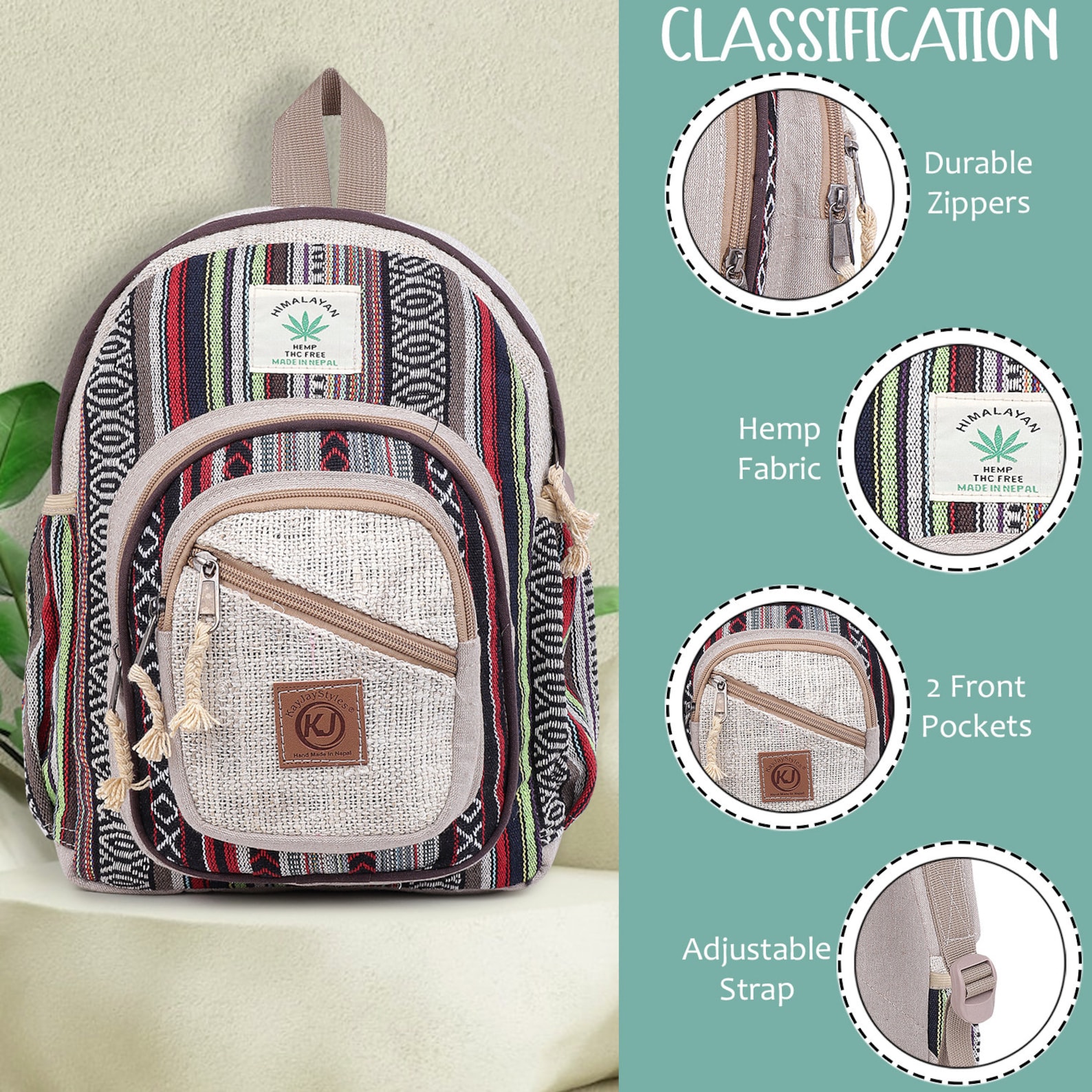 Small Lightweight Daypack Backpack Handmade Himalayan Hemp Travel, Hiking, Purse for Men, Women