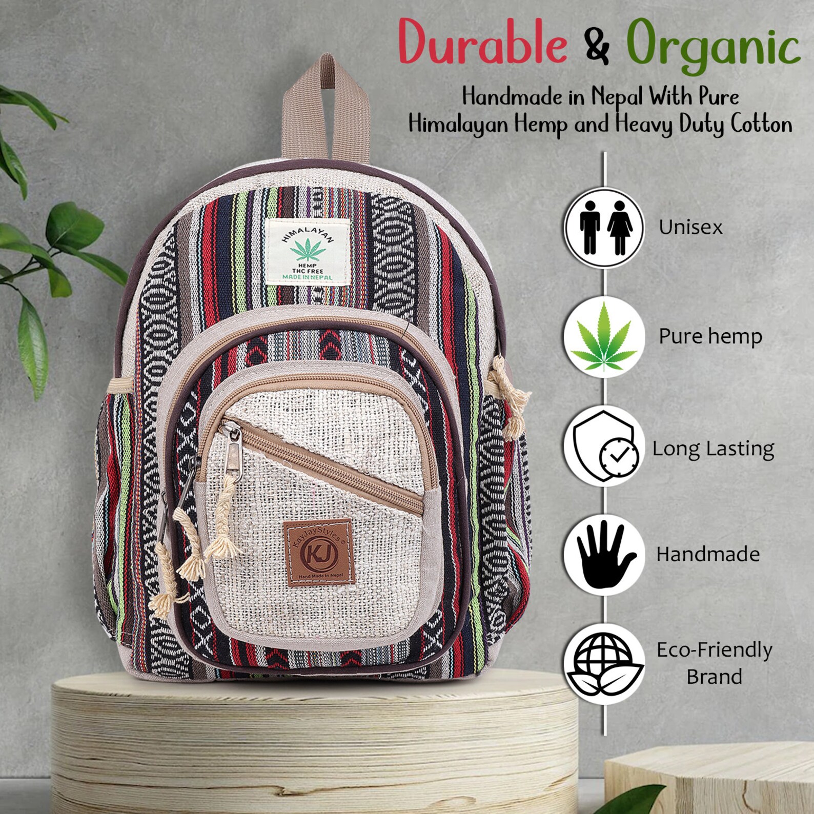 Small Lightweight Daypack Backpack Handmade Himalayan Hemp Travel, Hiking, Purse for Men, Women